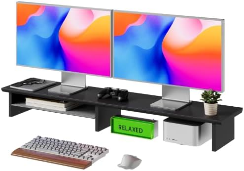 FENSULN Dual‑Tier Monitor Stand for Minimalist Wooden and Metal Riser Shelf Desktop Stands Organizer with Underneath Storage for Dual Monitors, Laptops, Home Office Aesthetic，Black by FENSULN