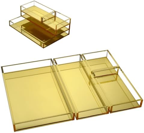 Gold Acrylic Desk Organizer for Office or Home Desk Drawer Dividers, Makeup Vanity Storage Bins, Stackable 4-Pack, Acrylic Accessory and Half Accessory Tray/Small Tray by EXPUTRAN