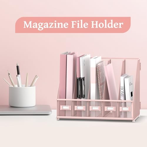 SUPEASY Desk Organizers Metal Desk Magazine File Holder with 5 Vertical Compartments Rack File Organizer for Office Desktop, Classroom, Home Workspace, Pink - Image 2