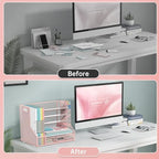 Desk Organizer with 5 Tier File Holder and Sliding Drawer Pen Holder Pink - Image 4