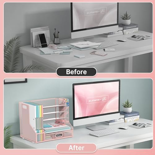 Desk Organizer with 5 Tier File Holder and Sliding Drawer Pen Holder Pink - Image 4