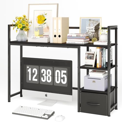 Desk Shelf with Drawer, 41.3" Desktop Organizer Shelf, Desk Hutch for Computer Monitor Max 32", 3 Tier Desktop Display Rack, Wooden Desk Top Bookshelf Storage Rack for Home Office Dorm, Black by Mexin