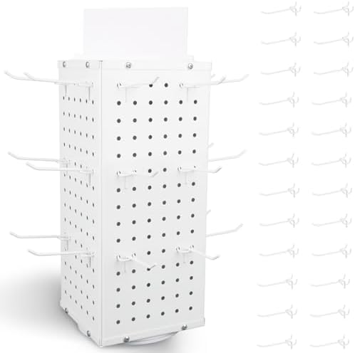 Rotating Pegboard Display Stand With 24 Hooks, 4-Sided Metal Spinning Peg Board Display 7.4"x7.4"x17" Spinner Pegboard Carousel Craft Rack Organizer (White) by ENJOYLIFEWITHUS