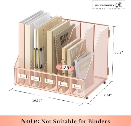 SUPEASY Desk Organizers Metal Desk Magazine File Holder with 5 Vertical Compartments Rack File Organizer for Office Desktop, Home Workspace, Rose Gold - Image 3