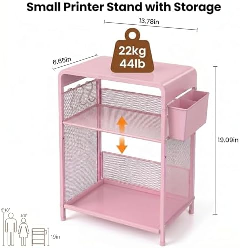 ECOLOVI Small 3 Tier Printer Stand for Under Desk, Height Adjustable Shelf Printer Table with 3 S-Hooks & Basket, Heavy Duty Industrial Storage Shelf for Home Office (Pink) - Image 2