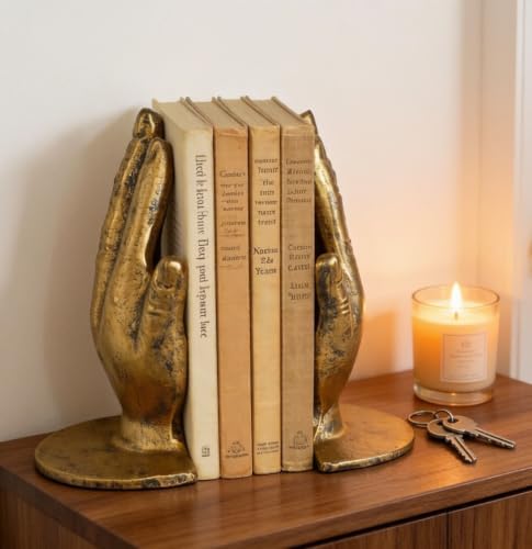 Hand Bookends Decorative, Heavy Duty Cast Iron Book Holder, Prayer Hand Book Ends for Shelves Living Room Home Decor Office, Antique Gold, 1 Pair/2Pieces - Image 6