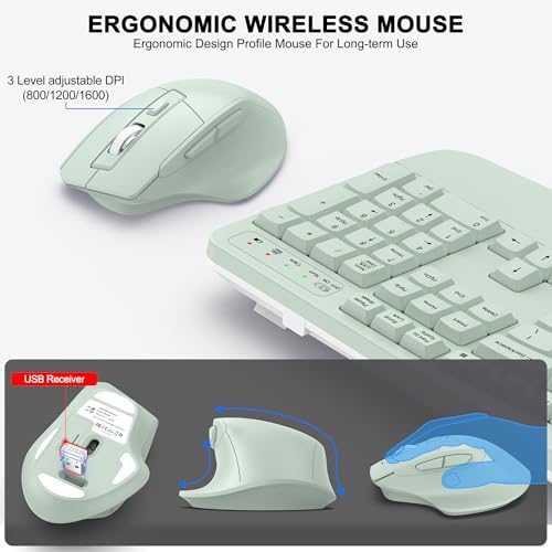 Wireless Keyboard and Mouse Combo, 2.4G Ergonomic Wave Key(Avocado Green) - Image 4