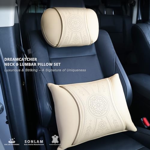Neck & Back Support Pillow Set for Car & Office Chair - Prosperity & Luck Dreamcatcher - Orthopedic Lumbar & Cervical Pillow for Pain Relief &Posture Correction (Neck & Back Pillows (Beige)) - Image 2