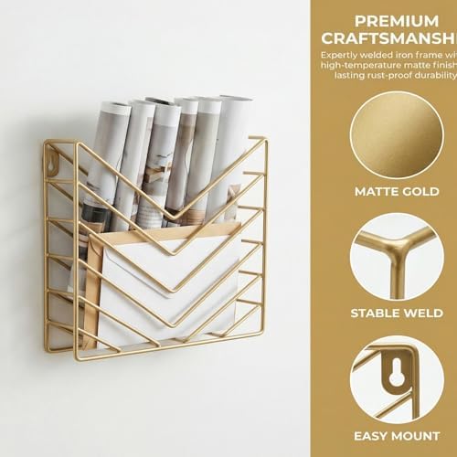 Gold Wall Mounted Magzine Holder, Metal Magazine Rack, Wall File Organizer Holder for Mail and Document Storage Gold - Image 2