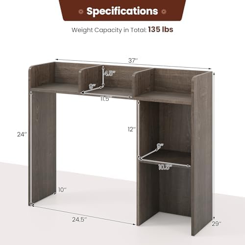 BECOMFORT Desk Hutch, Desk Organizer Shelf w/ 5 Storage Compartments, up to 27” Monitor, Wooden Display Rack, Desktop Bookshelf for Vanity Dressing Tabletop College Dorm Home & Office - Image 3