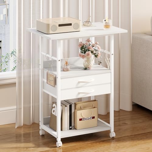 VENNQD Large Printer Stand with Storage Fabric Drawer Under Desk Printer Table with Wheels for Home Office, Printer Cart fit Fax Machine Scanner (White, 3 Tiers) - Image 5