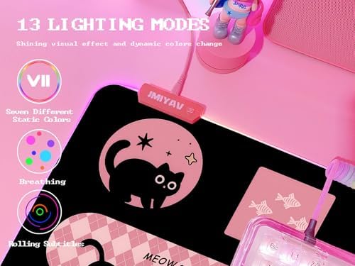JMIYAV Pink RGB Gaming Mouse Pad 31.5x12 Inch PC XL Large Extended Glowing Led Light Up Desk Pad Non-Slip Rubber Base Computer Cute Mousepad Mat Desk Accessories Gaming Setup Hello Cat - Image 3