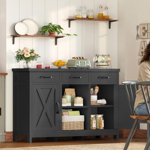 TEENFON Coffee Bar Cabinet with 3 Drawers, Farmhouse Buffet Cabinet - Image 2