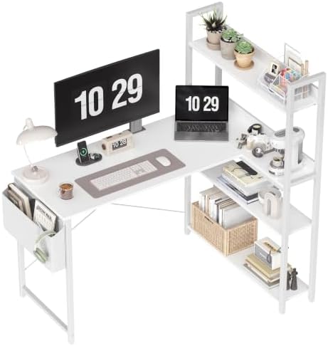 Treesland 40 Inch Computer Desk with Bookshelf, Corner Desk with Storage, L Shaped Desk, Home Office Desks, Writing Study Desk for Bedroom, White by Treesland