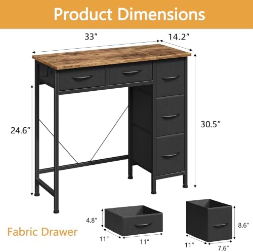 HIGDBFE Small Desk with 5 Fabric Drawers, 33 Inch, Rustic Brown, 14.2" D - Image 2