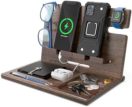 BarvA Two Phone Docking Station | Night Stand Desk Organizer | Wood Nightstand Organizer | Tablet Smart Watch Earbuds Charging Station | Upgraded Dresser Phone Stand | Bed Room Decor Gifts for Men by BarvA