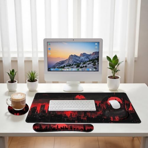 Dark City Desk Mat Set Red Moon Gothic Skyline Neon Mouse Pad with Wrist Rest 4in1 Desk Mat for Desktop Ergonomic Computer Desk Arm Wrist Anti-Slip Computer Ergonomic Mouse Pad Home Office Gaming - Image 6