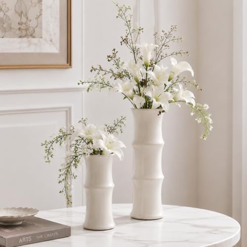 White Ceramic Bamboo-Inspired Flower Vase Set of 2, Modern Home Décor - Image 5