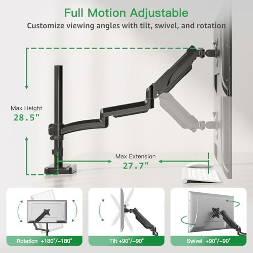 MOUNT PRO Single Long Monitor Arm, 13 to 32 inch Computer Monitor Desk Mount, Extra Long Adjustable Screen Stand, Tall Display Mount with Tilt, Swivel, Rotation, Hold up to 19.8lbs, VESA 75/100mm - Image 5