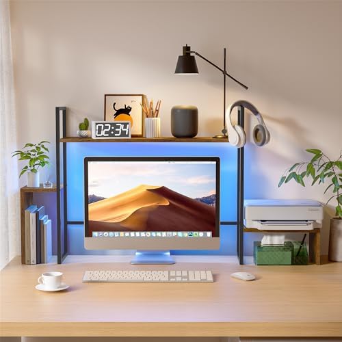 WelFurGeer LED Desk Shelf Organizer with RGB Light Strip, 2-Tier Desktop Shelf for Computer Monitor, Sturdy Metal Frame & Wood Shelves - Desk Hutch Bookshelf for Home Office, Dorm, Gaming (Brown) - Image 2