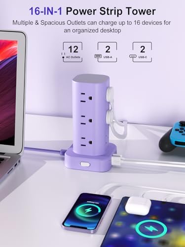 6FT Power Strip Tower Surge Protector, 12 Wide Spaced Outlets, 4 USB - Image 2