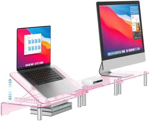 Pink Acrylic Dual Monitor Stand Riser,Laptop Riser Adjustable to 8 Angles by RQUOIRE