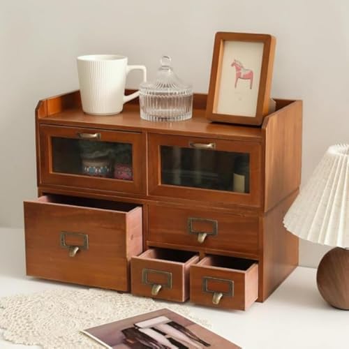Desktop Organizer with 6 Drawers, Tabletop Drawer Cabinet with Acrylic Door Wood Supplies Organizer Vintage Desk Storage Drawers Brown for Living Room Office - Image 3