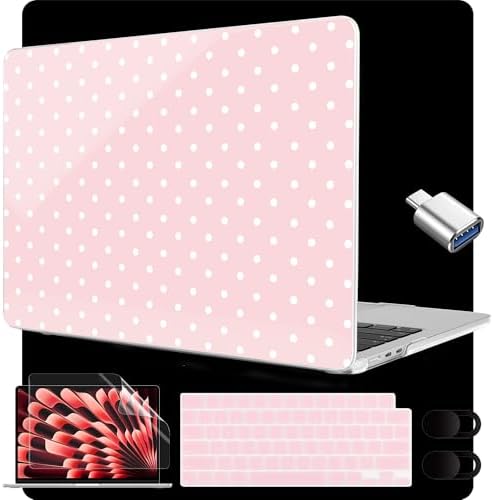 MEEgoodo for M5/M4/M3/M2 MacBook Air 15 inch Case 2026 2025 2024 2023, Case Fit Model (A3448/A3241/A3114/A2941) for MacBook Air 15.3 inch, Pink & Polka Dots by MEEgoodo