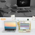 LEKETREE Desk Organizers and Accessories, 5-Tier Paper Letter Tray Organizer with Drawer & 2 Pen Holders, Desktop Organizer for Office Supplies (Gold) - Image 6