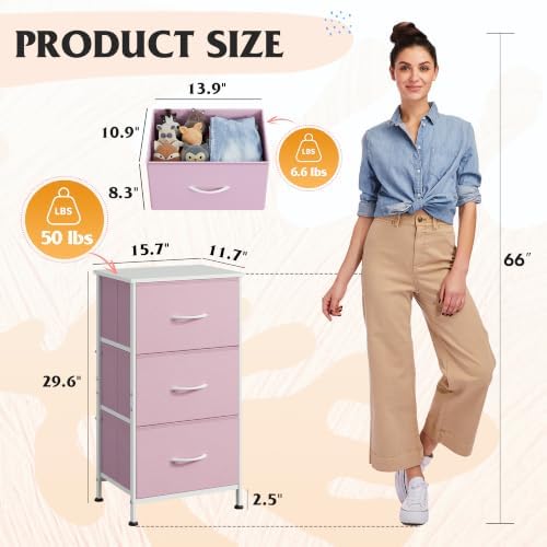 WLIVE Small Dresser Nightstand for Bedroom, 3 Drawers, A-Pink - Image 3