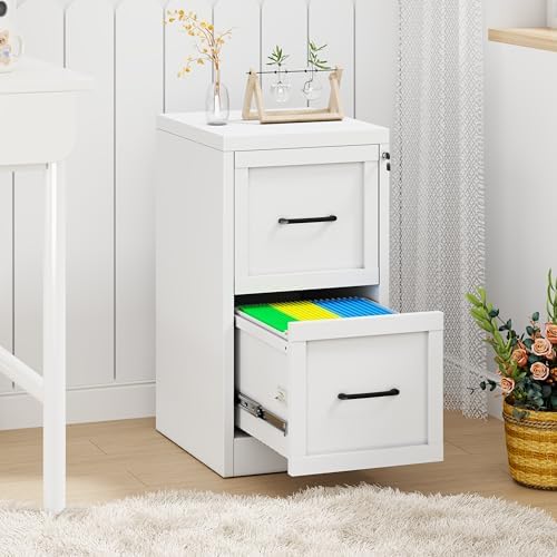 2-Drawer Metal File Cabinet with Lock, Narrow Vertical, White - Image 3
