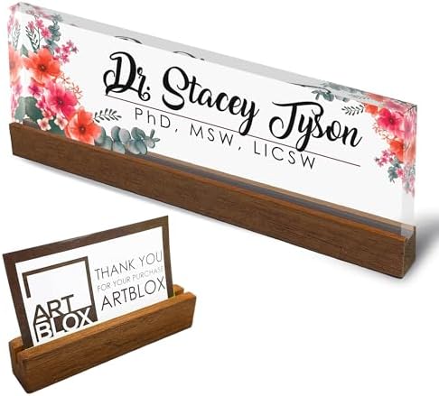 Artblox Personalized Office Desk Name Plate and Business Card Holder | Clear Acrylic Glass with Teak Wood Stand | Mixed Flowers Design Customized with Your Name and Credentials Office Desk Decor by Artblox