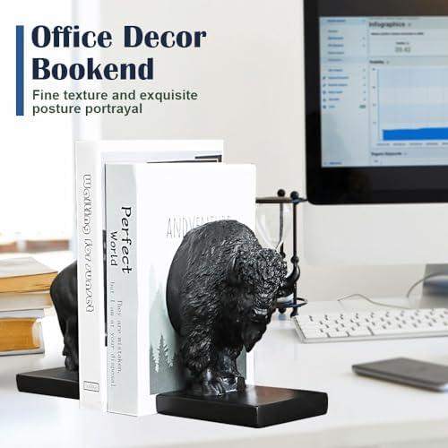 Decorative Bookends, Art Book Ends for Heavy Books, Heavy Bookends for Shelves, Vintage Non-Slip Base Book Holder, Resin Book Stopper for Home Office Decor (Black Buffalo) - Image 7
