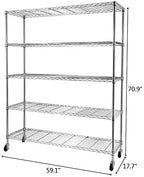 5 Tier Storage Racks Shelving, Heavy Steel Pantry Shelves, Adjustable Wire Shelving Rack with Wheels, Suitable for Garage, Kitchen, Bathroom, Office, 59" W x 18" D x 71" H, Chrome - Image 2