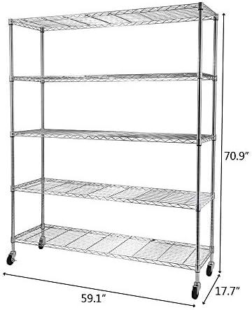 5 Tier Storage Racks Shelving, Heavy Steel Pantry Shelves, Adjustable Wire Shelving Rack with Wheels, Suitable for Garage, Kitchen, Bathroom, Office, 59" W x 18" D x 71" H, Chrome - Image 2