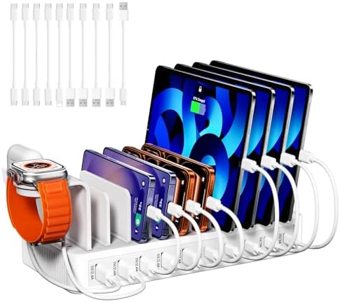 100W Charging Station for Multiple Devices, 10-Port USB Charging Dock Organizer with 10 Cables & Watch Stand, Adjustable Dividers Multi Charger Compatible with iPad/Tablet/iPhone/Android, White by HONGYEE-NH