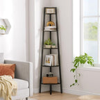 Hoctieon Corner Shelf, 5-Tier Corner Bookshelf, Rustic Ladder Shelf, Industrial Display Stand for Living Room, Kitchen, Home Office, Balcony, Small Space, Metal Frame, Black by Hoctieon