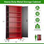 Aobabo Metal Garage Storage Cabinets with Wheels,Steel Cabinets with 5 Adjustable Shelves for Garage Home Office Storage, Red-Black,Assembly Required - Image 3