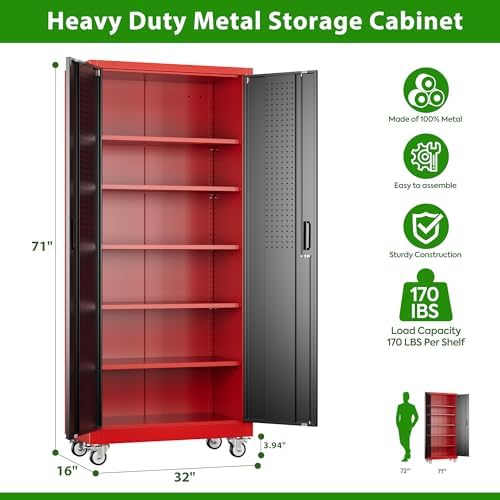 Aobabo Metal Garage Storage Cabinets with Wheels,Steel Cabinets with 5 Adjustable Shelves for Garage Home Office Storage, Red-Black,Assembly Required - Image 3
