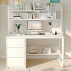 MaverickFurni White Desk with Hutch, 47 Inch Computer Desk with 3 Drawers for Bedroom, Study Writing Desk with Shelves for Small Spaces, Adjustable Feet by MAVERICKFURNI