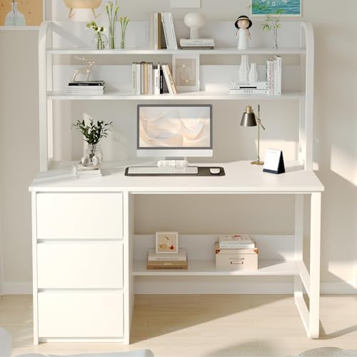 MaverickFurni White Desk with Hutch, 47 Inch Computer Desk with 3 Drawers for Bedroom, Study Writing Desk with Shelves for Small Spaces, Adjustable Feet by MAVERICKFURNI