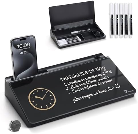 TOWON Compact Glass Desktop Whiteboard with Storage 12x7 in, Black by TOWON