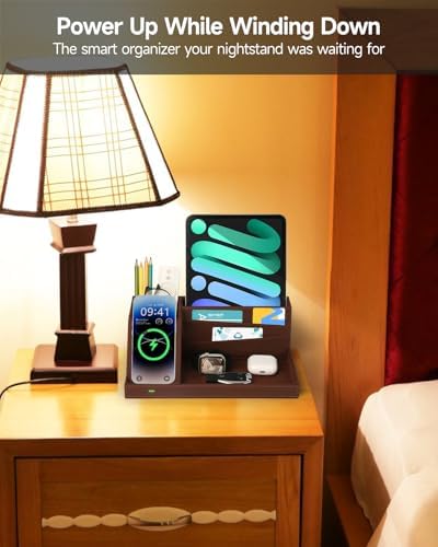 Fast Wireless Charging Station with Desk Organizer for iPhone 17/16/15/15 Pro/14/14 Pro Max/14 Pro/14 Plus/13/13 Pro Max/13 Pro/and iPhone 12/11 Series, Nightstand Desktop Organizer, Brown - Image 3