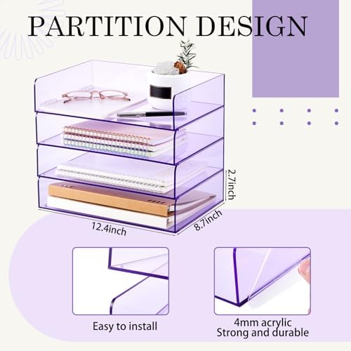 Harloon 4 Tier Paper Organizer Clear Purple Letter Tray Acrylic File Tray - Image 2
