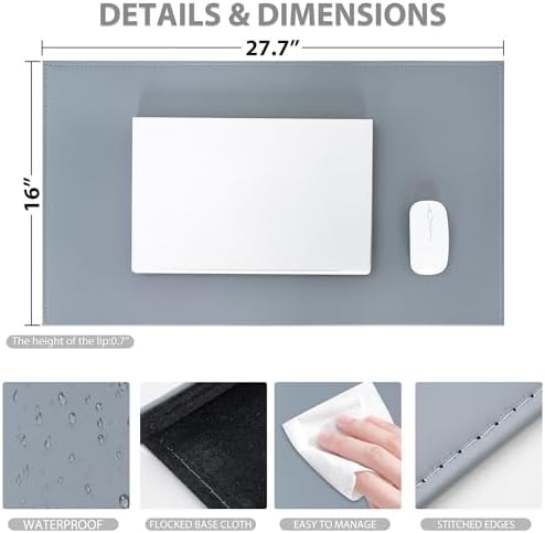 AKOZLIN 27.55”x 15.8" Soft PU Leather Surface Office Desk Mouse Mat Anti-Push Pad with Full Grip Fixation Lip Table Blotter Edge-Locked Protector Grey - Image 4