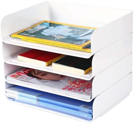 4 Tiers Stackable A4 Paper Trays, Office Desk File Holder, Tidy File Document Letter Book Paper Organizer (4 Tiers,White) by HKeeper