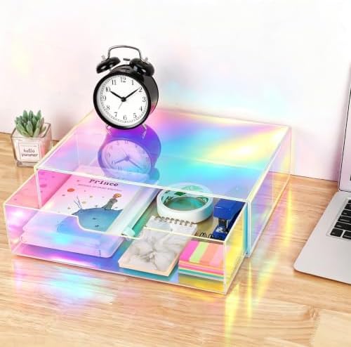 Gelite Acrylic Desk Organizer with Drawer for Makeup Vanity Stackable Desktop Storage Box for Office Supplies, 13.8 x 9.8 x 3.9’’, Iridescent - Image 2
