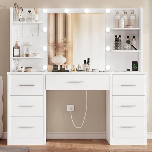 FIONESO Vanity Desk with LED Light Mirror & Power Outlet, 3 Adjustable Light Color, Makeup Vanity with 7 Drawers, 4 Shelves, 5 Jewel Hooks, White Vanity for Bedroom, Girls Vanity by FIONESO