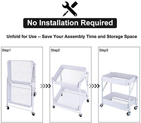 Melody House 2-Tier Metal Folding Rolling Cart, Mobile Utility Cart Trolley Storage Organizer for Office Home Kitchen Organization, Sofa Side End Table with Wheels, White - Image 2