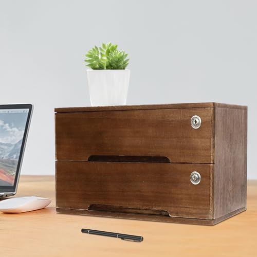 2-Tier Wooden Desktop Storage Box with Lockable Drawers, Flat File Cabinet Small Wooden Box Organizer for Office Supplies Installation-free, 15.75×11×8.66in (Walnut) - Image 2